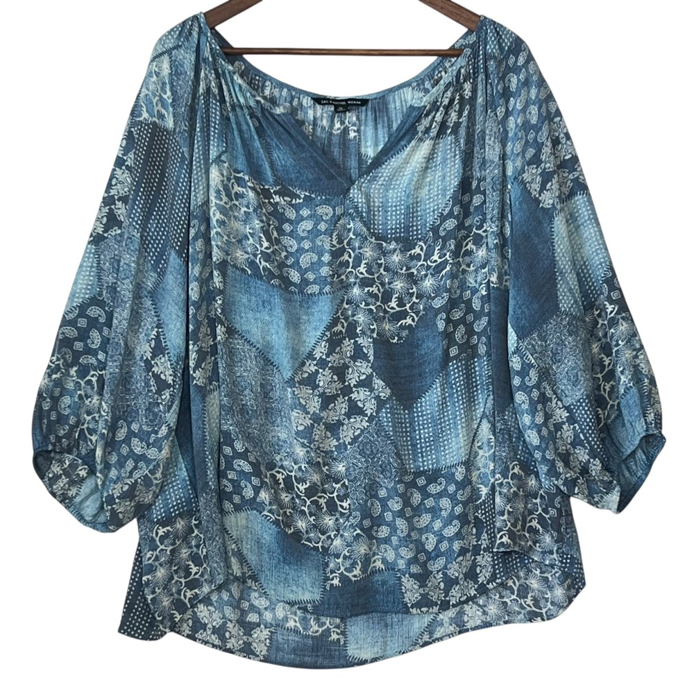 Zac & Rachel Blouse Women 3X Blue Patchwork Boho Peasant Top Cottagecore Coastal